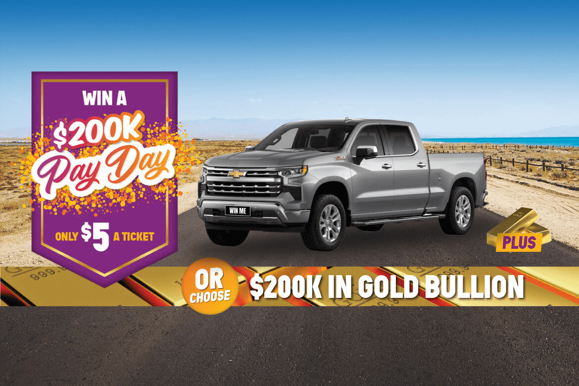 Win $200,000 Gold or a 2024 Chevrolet Silverado LTZ Premium. A silver Chevrolet truck with a 'Win Me' license plate, offering a chance to win a $200,000 prize pack or choose $200,000 in gold bullion for $5 per ticket. A purple sign reads 'Win a $200K Pay Day' and '$5 a ticket'. Additional text highlights '$48K gold' prize option.