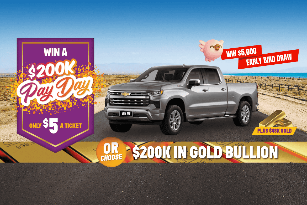 Win $200,000 Gold or a 2024 Chevrolet Silverado LTZ Premium. A silver Chevrolet truck with a 'Win Me' license plate, offering a chance to win $200,000 or choose $200,000 in gold bullion for $5 per ticket. A purple sign reads 'Win a $200K Pay Day' and '$5 a ticket,' with a $5,000 early bird prize shown beside a cartoon bird. Additional text highlights '$48K gold' prize option.