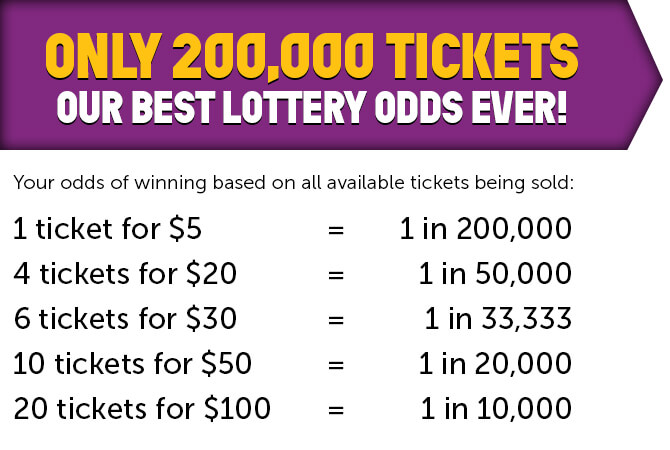 Your odds of winning based on all available tickets being sold: 1 ticket for $5 = 1 in 200,000. 4 tickets for $20 = 1 in 50,000. 6 tickets for $30 = 1 in 33,333. 10 tickets for $50 = 1 in 20,000. 20 tickets for $100 = 1 in 10,000.